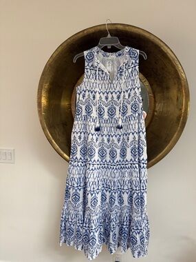 Tommy Bahama Ikat Blue and White Sleeveless Maxi Dress with Tassel Tie